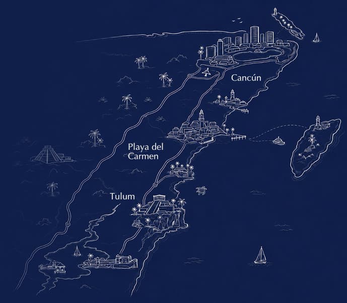 Mapa ilustrado del Caribe Mexicano con pines de proyectos Raise Group